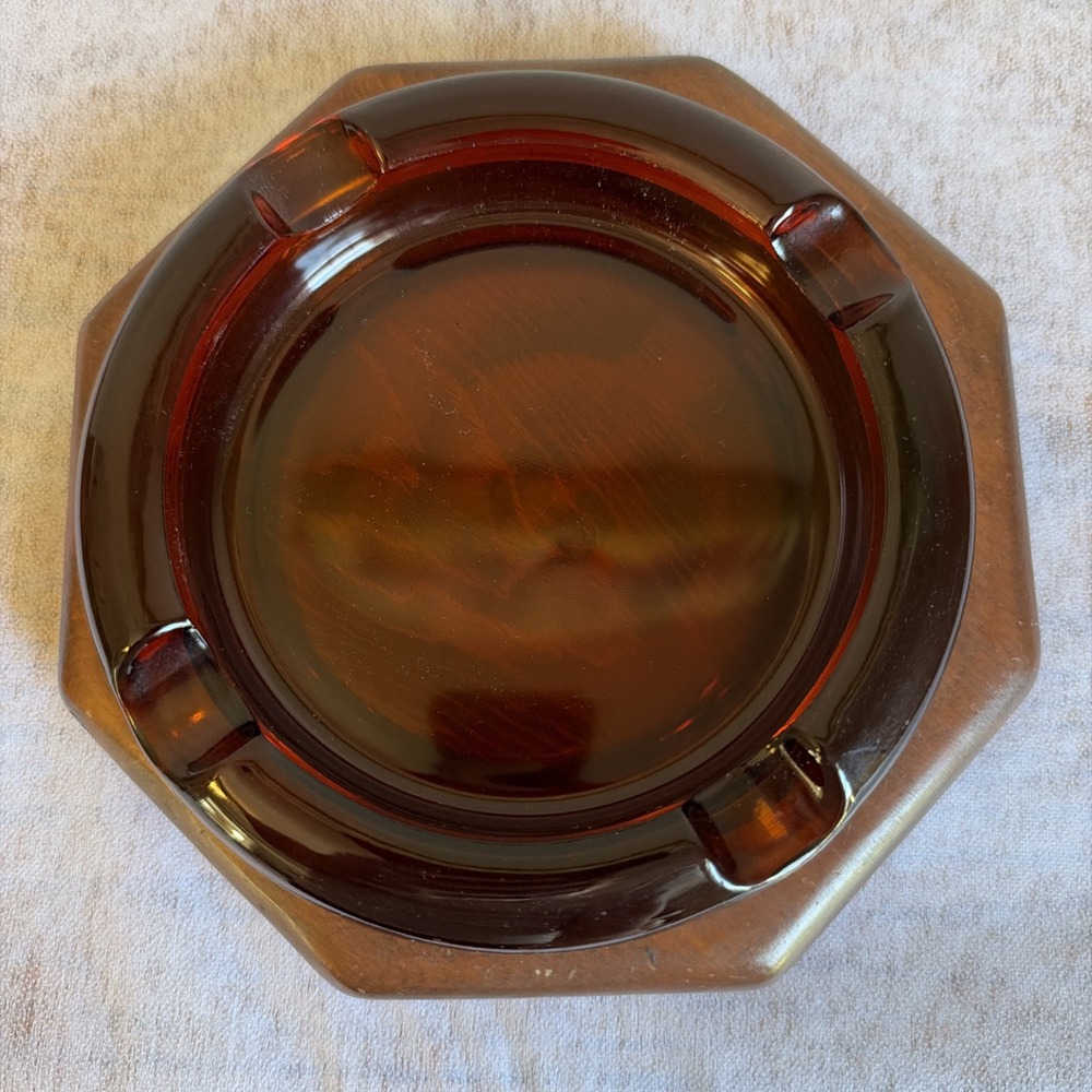 Vintage Mid Century Modern Amber Glass Ashtray Octagon Wood Base MCM 8 Inch